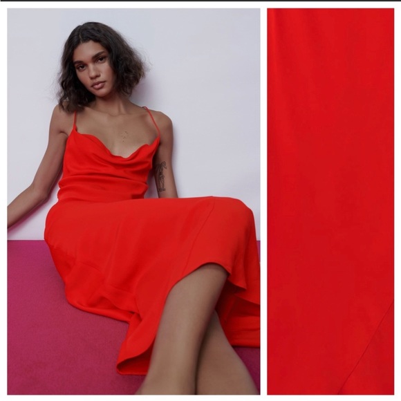 Zara bright Red Satin Effect Lingerie Style maxi Cowl Neck Dress Size XS NWT - Picture 9 of 16
